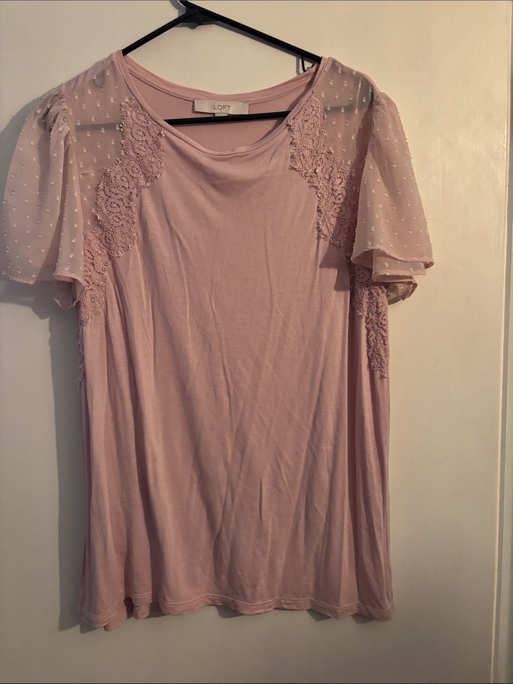 LOFT Blush Pink Lace-Trim Puff Sleeve Tee- Large